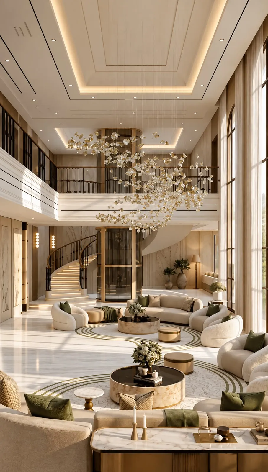 Double-Height Villa Salon with Stepped Tray Ceiling