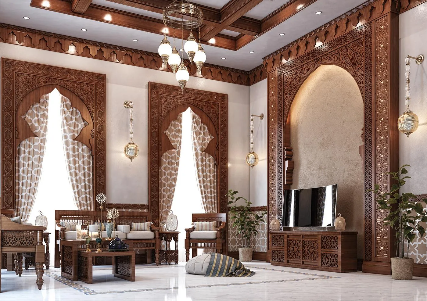 Palatial Private Lounge with Lantern Illumination
